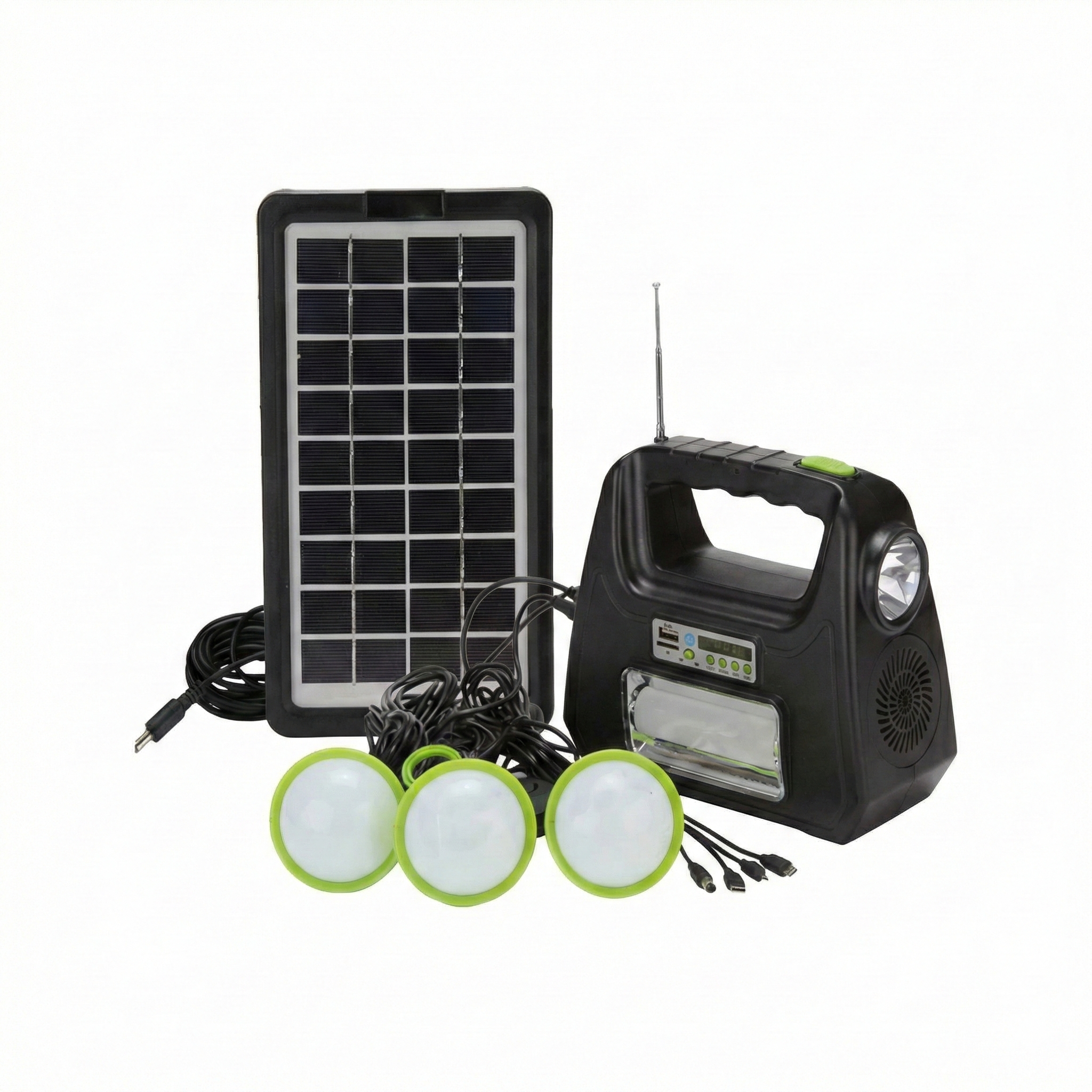 Kit Solar Portátil – Linterna, Panel Solar y 3 Focos LED con Carga USB