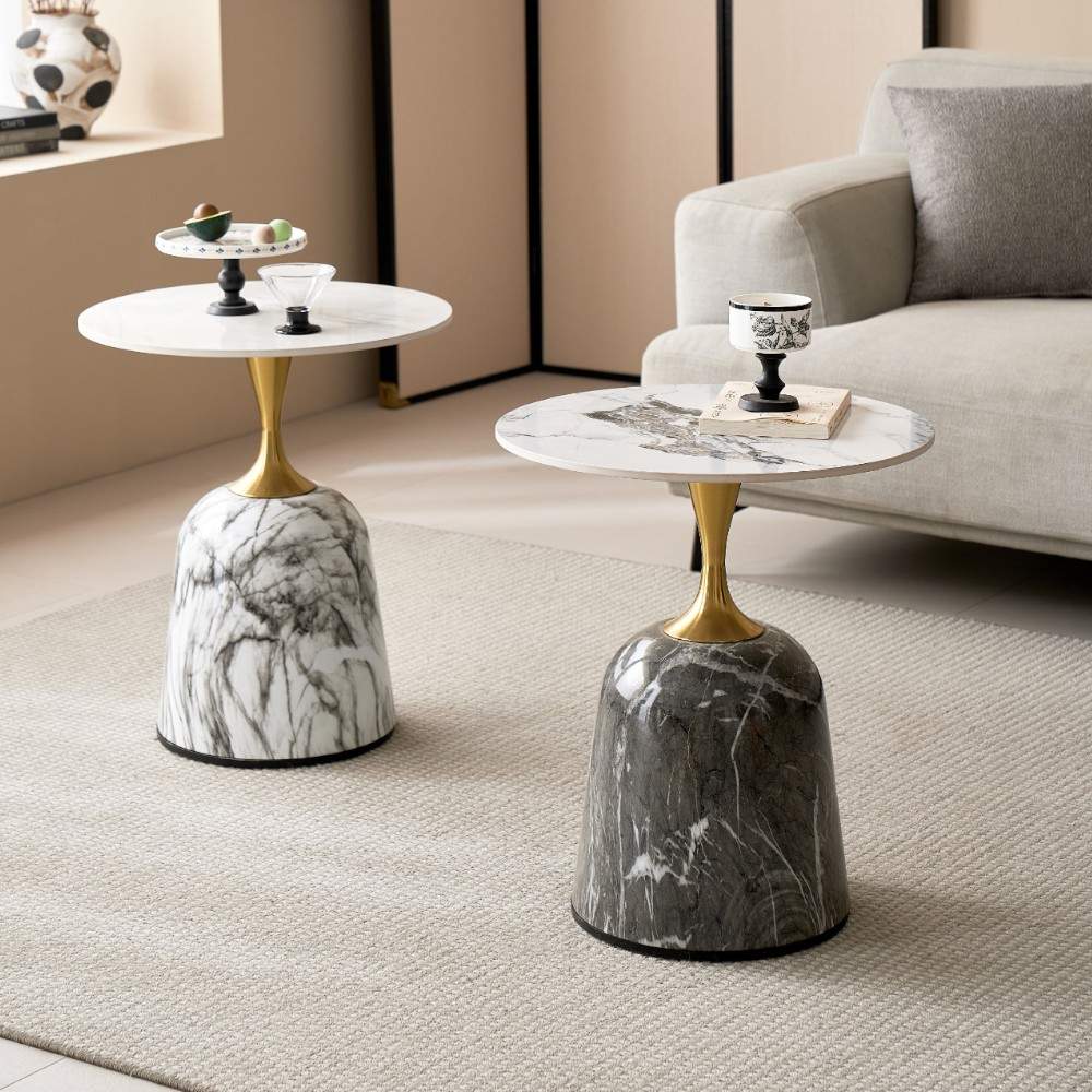 Mesa auxiliar Clarys top piedra sinterizada base gris/blanco