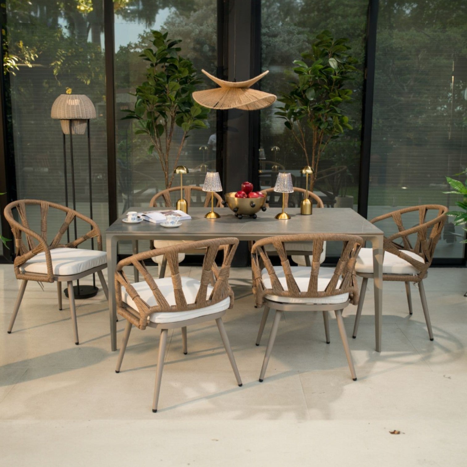 Set comedor rectangular de exterior 6P Jake gris/blanco