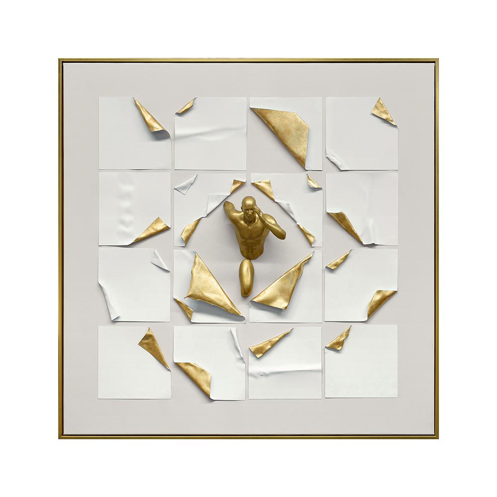 Cuadro 100×100 Run Man blanco/dorado 100% handpaint