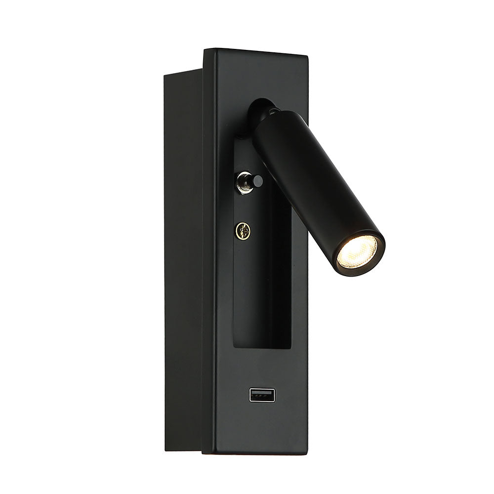 Lámpara led de pared Gale black con luz cálida 3W y USB